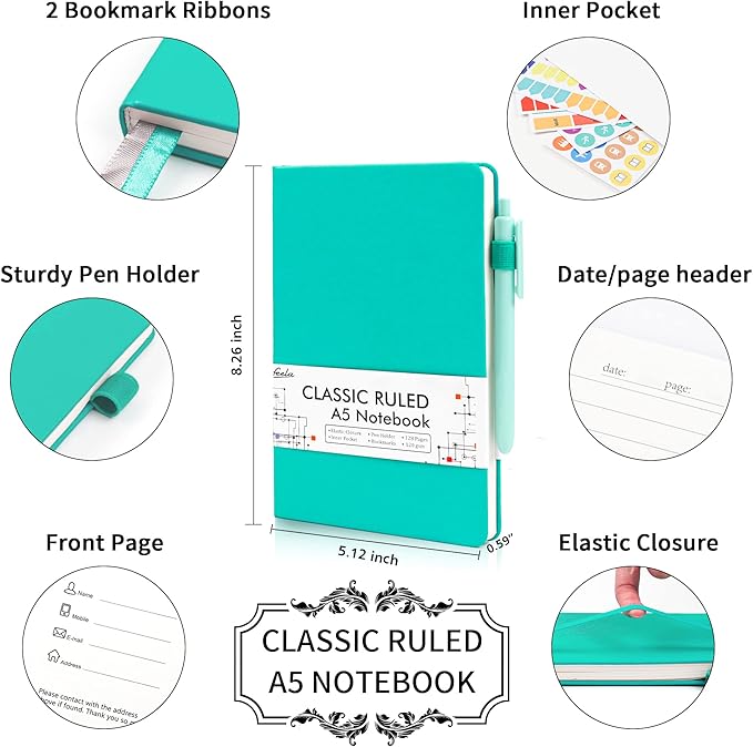 feela 24 Pack Journal Notebook Bulk for Work, Business Notebook Hardcover Lined Writing Journal with Pen Holder for Men Women Note Taking, with 24 Black Pens, 120 GSM, 5.1”x8.3”, A5, Aqua