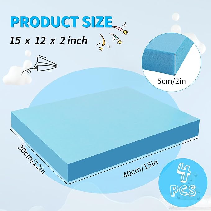 LuckyFoam Blue 4 Pack 15x12x2 inch Foam Sheets 2 Inch Thick Polystyrene Rectangles XPS Foam Board Craft for Insulating DIY Modeling Art Supplies
