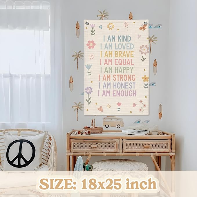 Affirmations Wall Hanging Art for Kids, Flower Wall Art I Am Kind Linen Canvas Banner, Girls Room Decor, Kid's Bedroom, Affirmations Wall Banner, Inspirational Nursery Decor 18x25 Inch