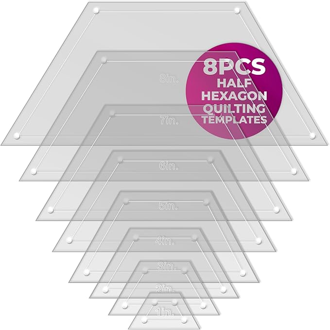 Hexagon Quilting Template Set - 8", 7", 6", 5", 4", 3", 2", 1" Sizes with 1/4" Seam Allowance - Durable Acrylic Templates for Quilting, Patchwork, Crafting, & Sewing Projects