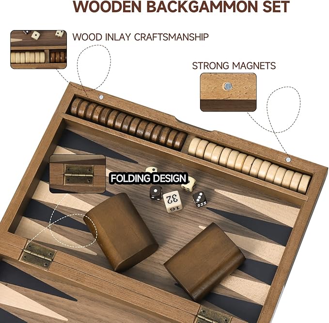 GSE Games & Sports Expert Premium Magnetic Wooden Folding Inlay Backgammon Board Game Set, Portable Travel Board Game (Double Stripe- 11 Inches)