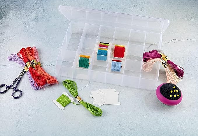 Embroidery Floss Organizer Box with 50 Cardboard Bobbins - 17 Compartments Clear embroidery thread organizer box, Snap-Tight Clear Sewing Organizer - Jewelry Bead Holder (Made in USA)