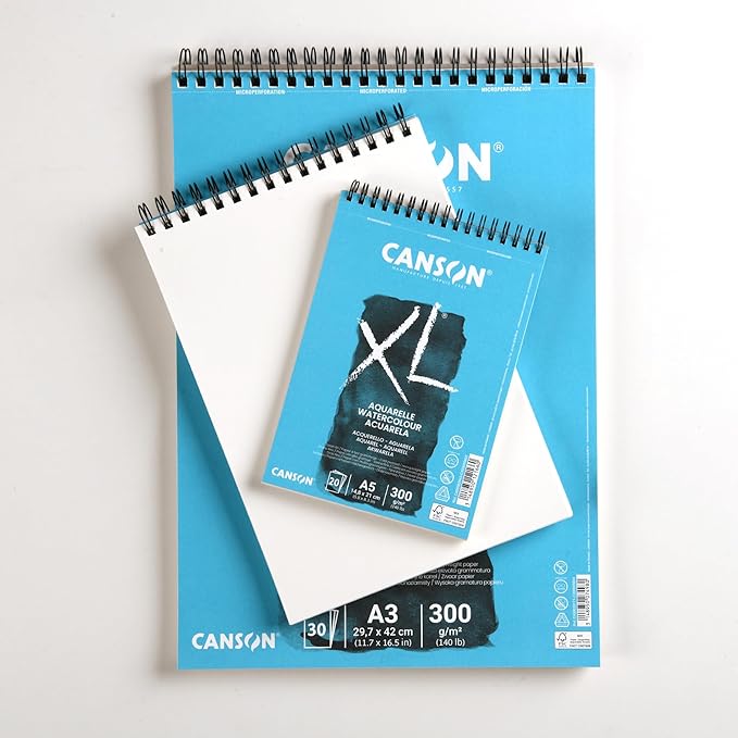 Canson XL Watercolour 300gsm A3 Paper, Cold Pressed, Spiral Pad Short Side, 30 White Sheets, Ideal for Professional Artists
