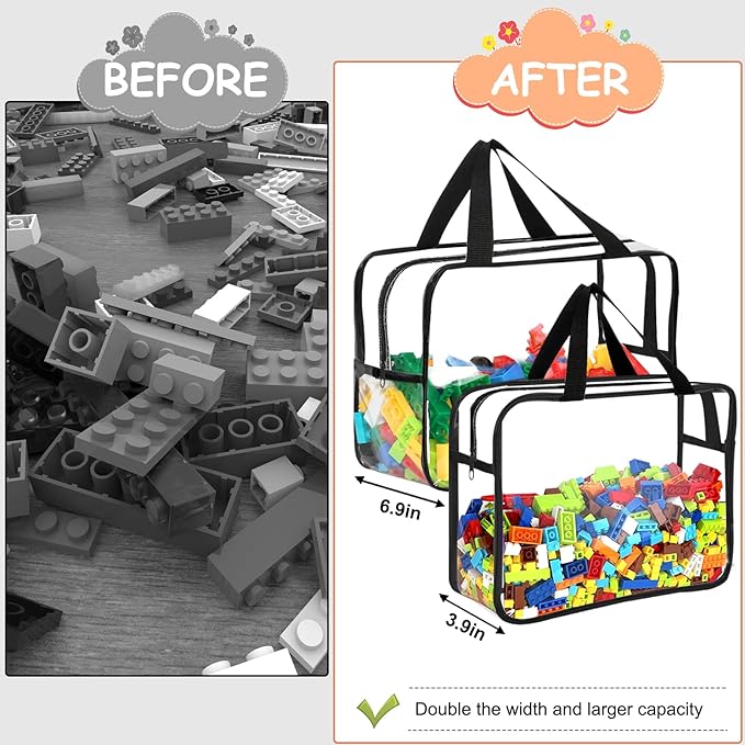 6 Packs Large Toy Storage Bags with Labels, Reusable Clear PVC Board Game Storage, Travel Waterproof Organizer Bags with Zipper for Building Blocks, Puzzle, Kids Books(3 large & 3 Extra Large)