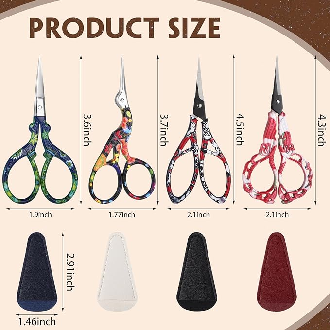 Zhehao 4 Pcs Sewing Embroidery Scissors with Artificial Leather Cover Sewing Stainless Vintage Embroidery Scissors for DIY Needlework Art Manual Handicraft (Delicate)