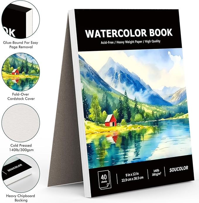Soucolor Watercolor Paper Pad, 9"x12" Water Color Paper, 140lb/300gsm 40 Sheets Artist Painting Drawing Paper Book, Art Supplies for Adults Kids, Watercolor Paint Set, Sketchbook, Journal, Notebook