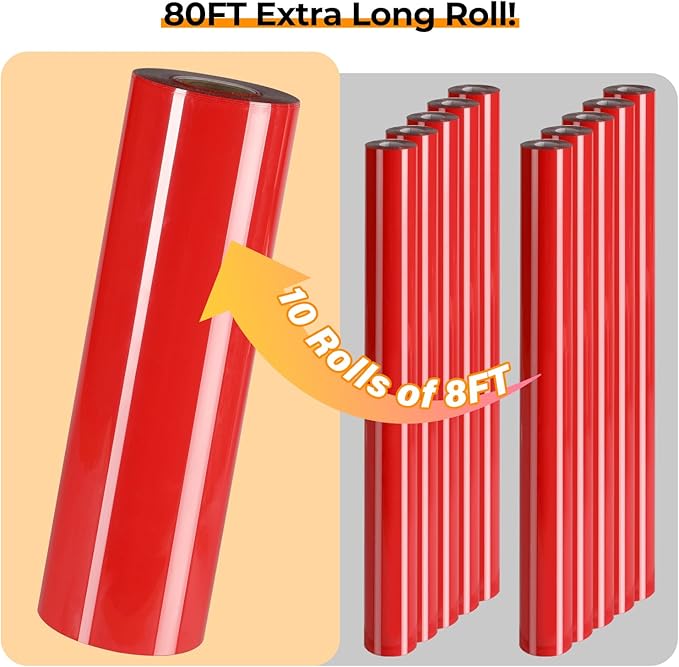 HTVRONT Heat Tranfer Vinyl Roll - 12” x 80ft Red HTV Vinyl for T Shirts, Iron on Vinyl Compatible with Cricut Cutting Machine - Easy to Use for Personalized Gifts (Red)