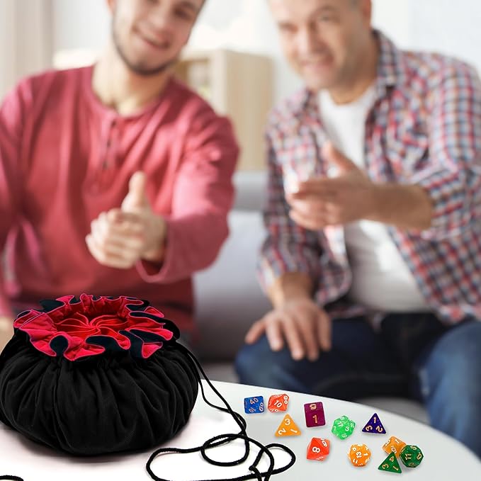 SIQUK Large Dice Bag with Pockets Drawstring Dice Bag DND Dice Storage Bag Big Capacity Dice Pouch for RPG MTG Table Games, Hold over 300 Dice (Black & Red)