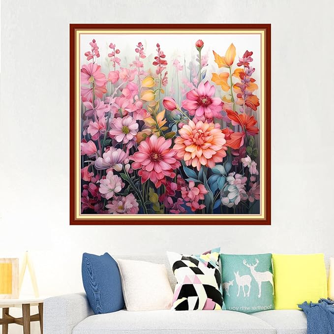 Foxdiviy Stamped Cross Stitch Kits - 11CT Embroidery Patterns - Colorful Flowers - 18x18 inch - Suitable for All Ages