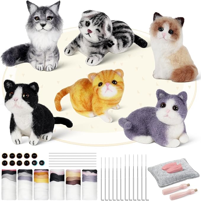 MOREJMTT Needle Felting Kit, 6 PCS Animal Needle Felting Beginner Kits, Wool Felt Needle Felting Tools Foam Pad, Craft Party Supplies for Beginners Adult(Cat Family)