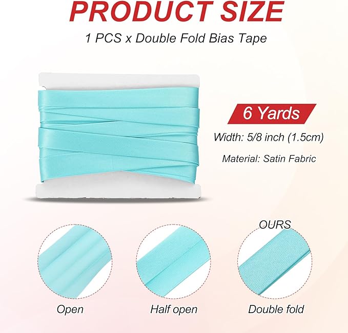MECCANIXITY Double Fold Bias Tape for Sewing 5/8 Inch x 6 Yards Satin Pre-fold Continuous Binding Tape for Seaming Quilting Hemming Binding DIY Crafts, Sky Blue