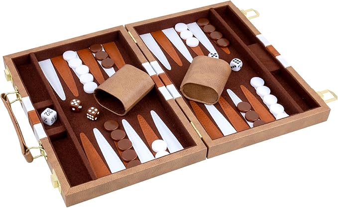 Backgammon Set 2 Players Classic Backgammon Sets for Adults Board Game with PU Leather Case Portable and Travel Backgammon Set (Retro Brown, 15inch)