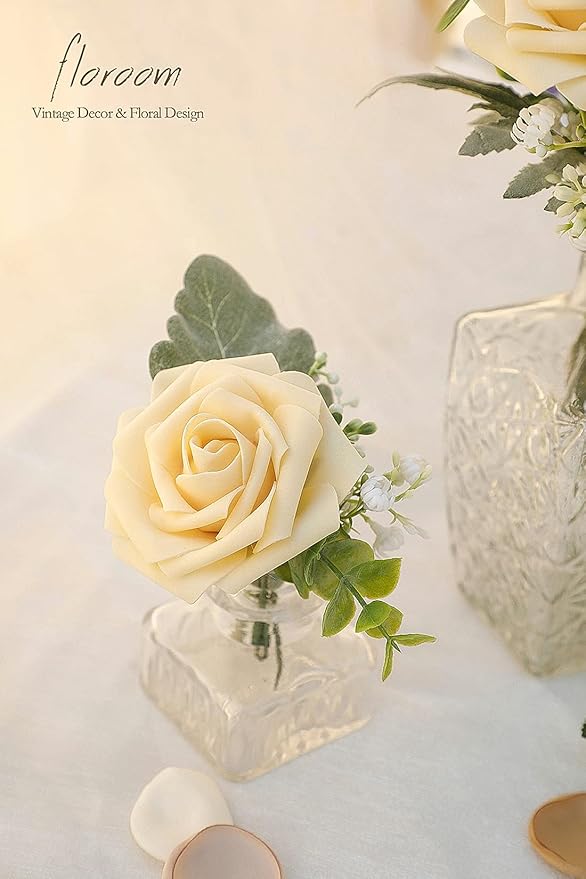 Floroom Artificial Flowers 50pcs Real Looking Creamy Yellow Foam Fake Roses with Stems for DIY Wedding Bouquets Bridal Shower Centerpieces Floral Arrangements Party Tables Home Decorations
