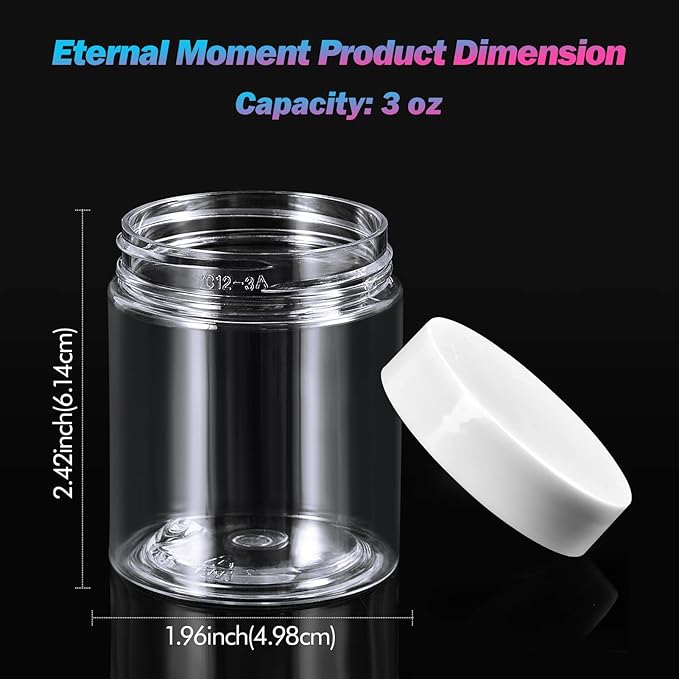 Eternal Moment 36 Pack 3 OZ Plastic Jars Round Clear Cosmetic Container Jars with White Lids, Perfect for Lotion, Slime，Cream, Ointments, Makeup, Eye Shadow, Samples, Pot, Travel Storage