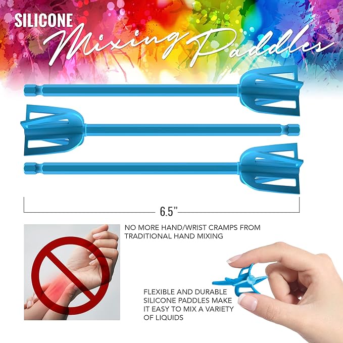 Pixiss Bidirectional Epoxy & Paint Mixer - 3 Reusable Silicone Paddles - Multipurpose Drill Attachment Stirrer