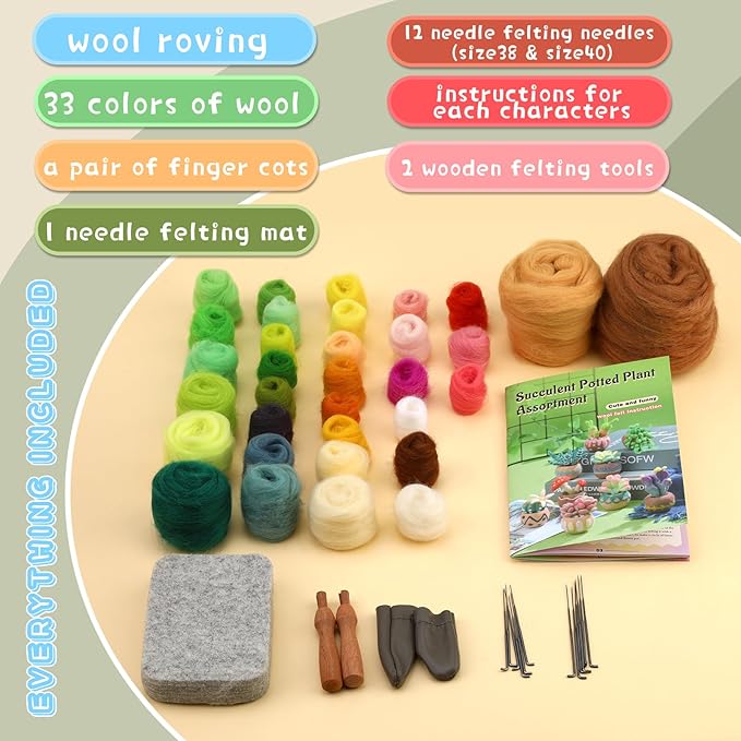Yizzvb Needle Felting Kit, 9 Pcs Succulent Needle Felt Beginner Kits, Wool Felting Kit Including Wool Roving, Felting Pad, Felting Needles and Instructions for DIY Craft Home Decoration