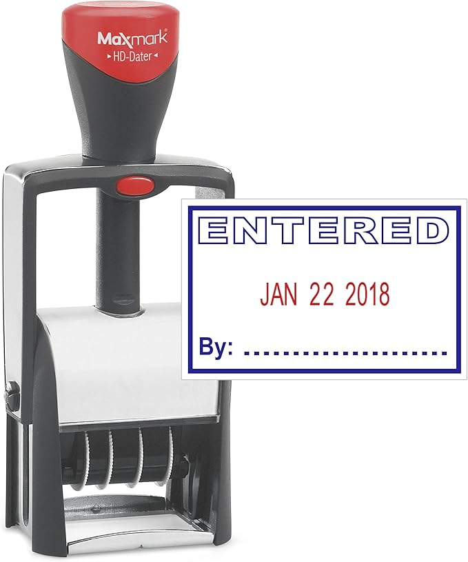 MaxMark Heavy Duty Self Inking Date Stamp with Phrase Entered - 2 Color Blue/Red Ink