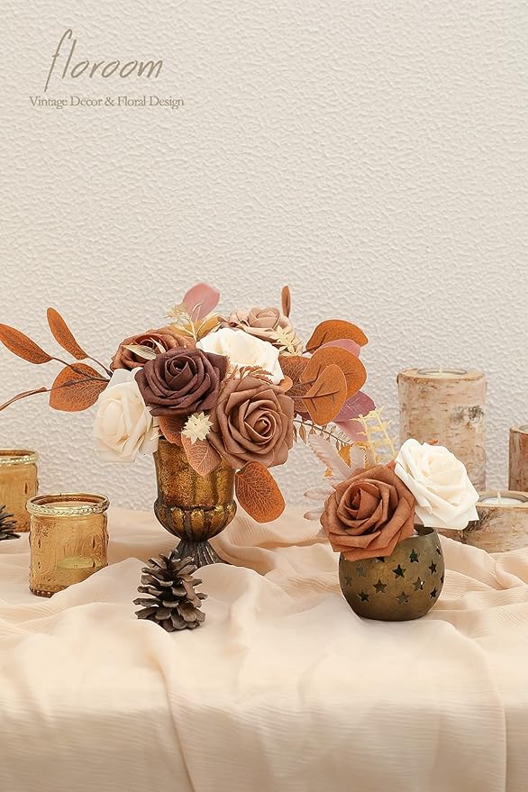 Floroom Artificial Flowers 25pcs Real Looking Earth Tones Ombre Colors Foam Fake Roses with Stems for DIY Wedding Bouquets Bridal Shower Floral Centerpieces Party Tables Home Decorations