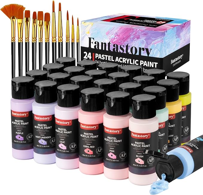 Fantastory Pastel Acrylic Paint Set+12 Brushes, 24 x 2oz Pastel Colors Art Craft Paint for Artists, Halloween Decorations, Canvas Ceramic Wood Rock Painting Supplies Kit [Professional Series]