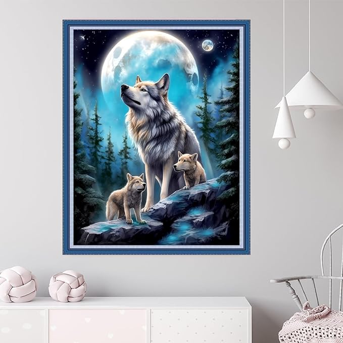 Dooxvey Cross Stitch Kits for Adults Beginners,Full Range of Cross-Stitch Stamped Kits Needlepoint Kits for Beginners Embroidery Kits 11CT Cross Stitch Patterns-Moon Wolf 16x20 inch