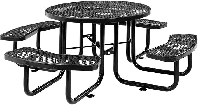 Global Industrial 46" Round Picnic Table, Expanded Metal, Black Thermoplastic Coating, Attached Benches, 1-1/2” Umbrella Pole Hole, Outdoor-Rated, 1000 lb Capacity