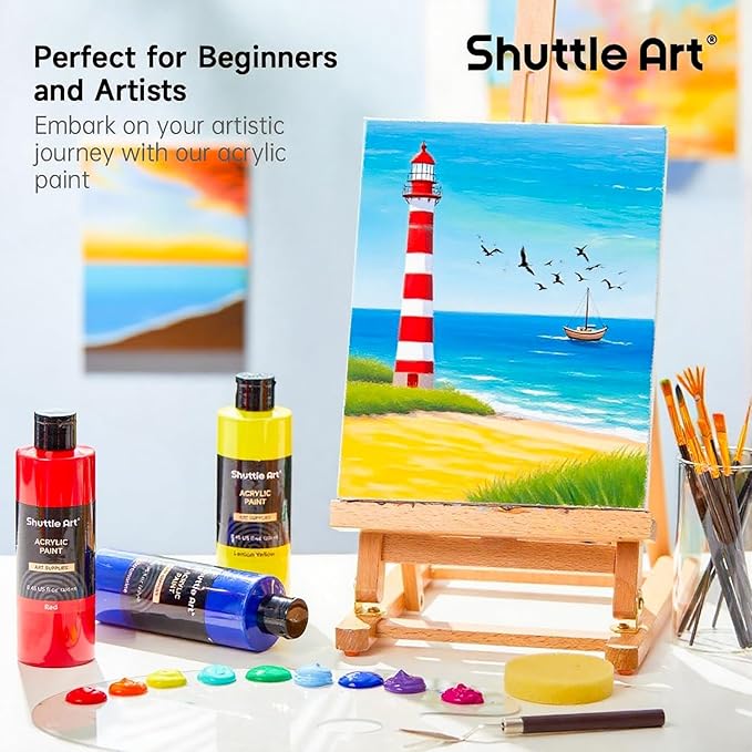 Shuttle Art 12 Colors Acrylic Paint, 250ml/8.45oz Bottles Acrylic Paint Set, Rich Pigments, Bulk Painting Supplies for Artists, Beginners and Kids Painting on Rocks Crafts Canvas Wood