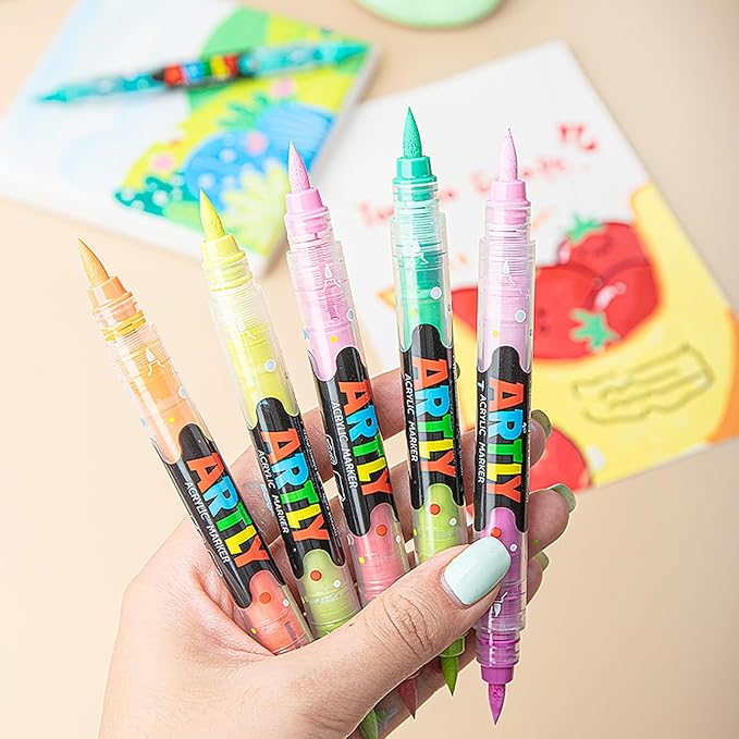 24 Colors Paint Markers, Dual-Color Acrylic Pens with Brush Tips, Double Tipped for Rocks & Art Supplies (12pcs/24colors)