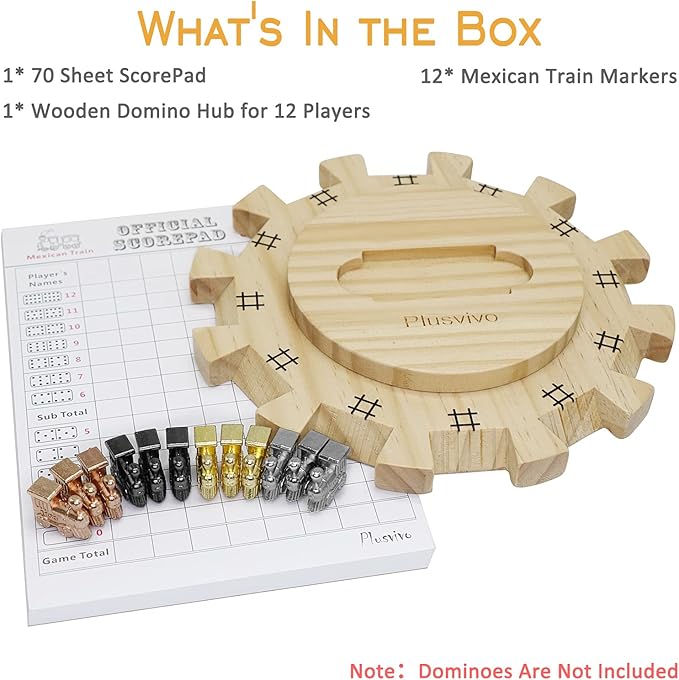 Mexican Train Dominoes Accessories Set-Including a 7.89-Inch Wooden Mexican Train Hub up to 12 Players, 12 Metal Train Markers, and a 70-Sheet Mexican Train Score Pads