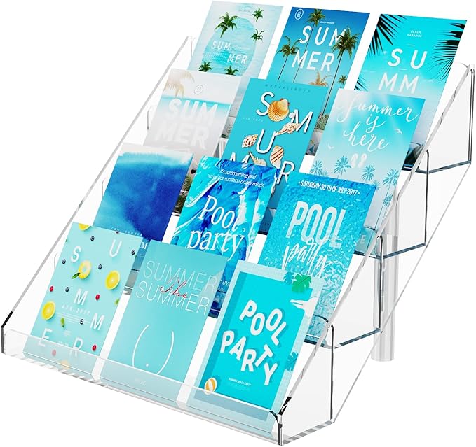PecMuikee Greeting Card Display, 4 Tiers Clear Acrylic Sticker Display Stand for Vendors Retail, Display Photo Stand for Counter Tabletop Display Supplies, 1 Set