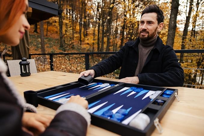 19 Inch Premium Backgammon Sets for Adults Leather Black - Blue. Premium 1.6 Inch Checkers & Dice Set, Travel Backgammon Set, Large, Backgammon Board Game, Backgammon Game Set