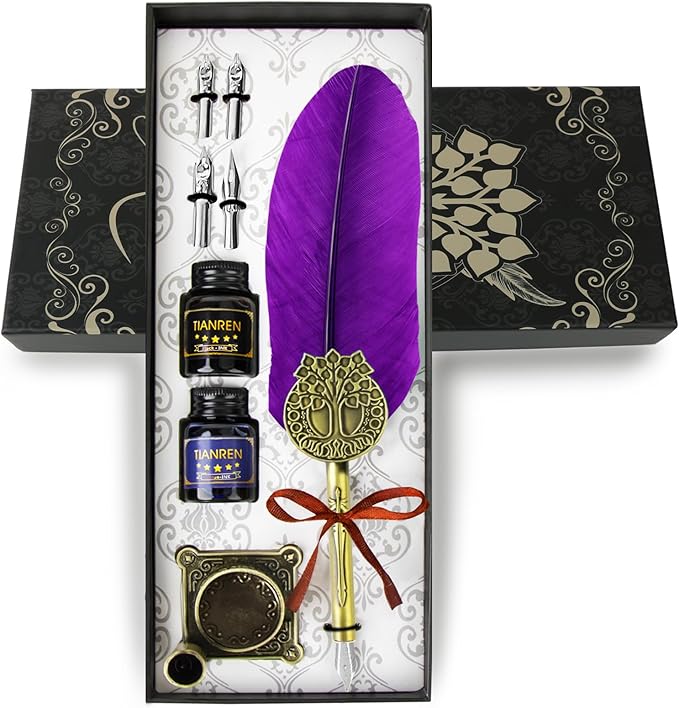 Quill pen ink set,Feather Pen and Ink Set,Antique Calligraphy Pen with 4 Replaceable Nibs,2 Bottle of ink,Feather Dip Pen Holder Christmas Gift for Men&Women.(Purple)