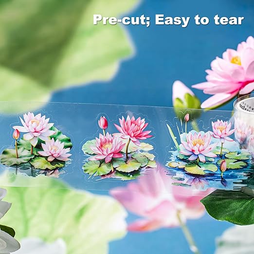 Lotus Pond PET Tape Set, 4 Rolls Pre-Cut Floral Stickers for Scrapbooking, Journaling, DIY Crafts, and Planner Decoration