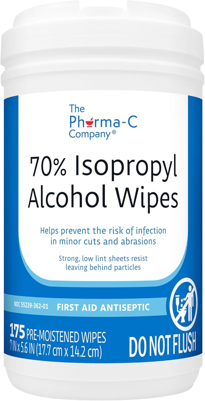 The Pharma-C Company - 70% Isopropyl Alcohol Wipes - Bulk Large Durable IPA Wipes. First-Aid Antiseptic Wound Cleaner with Moisture Lock Lid. (Case of 6 Canisters)