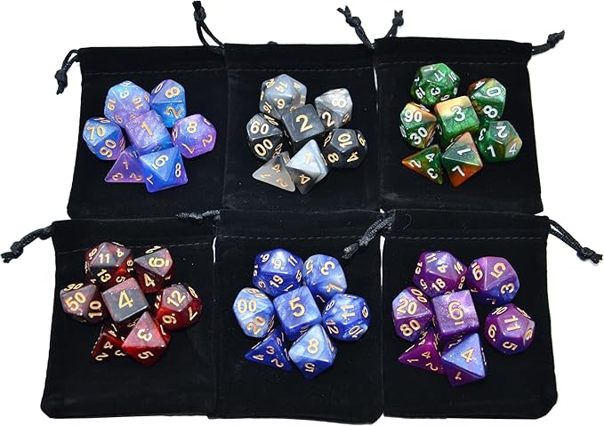 SmartDealsPro 6 x 7 Sets (42 pcs) Glitter Polyhedral Dice Sets with Pouches for DND RPG MTG Dungeon and Dragons Table Board Roll Playing Games D4 D8 D10 D12 D20 (Color 2)