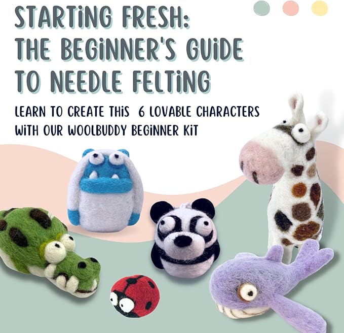 Woolbuddy 𝗡𝗲𝗲𝗱𝗹𝗲 𝗙𝗲𝗹𝘁𝗶𝗻𝗴 𝗦𝘁𝗮𝗿𝘁𝗲𝗿 𝗞𝗶𝘁 𝗳𝗼𝗿 𝗔𝗱𝘂𝗹𝘁𝘀 & 𝗞𝗶𝗱𝘀 – 40 Wool Colors, Core Wool, Felting Supplies, 4 Needles, Pad & Guide – DIY Animal Craft Kit for Creatives