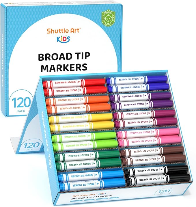 Shuttle Art 120 Count Washable Markers, 10 Assorted Colors Broad Line Conical Tip Large Markers Bulk with a Box, Home Classroom School Supplies for Toddlers Kids Adults Students Teachers