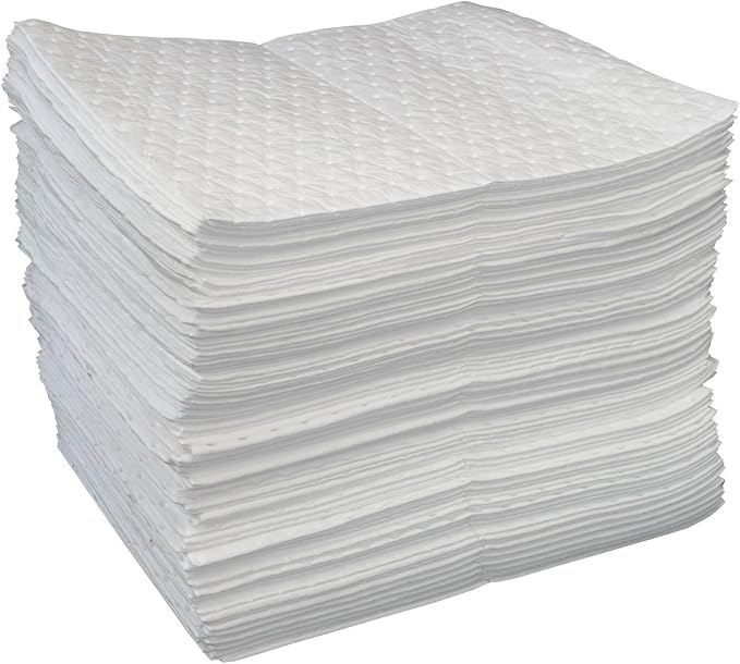 Autocare Heavyweight Oil Absorbing Pads | White Absorbing Heavy Weight Oil-Only Absorbent Mat Pad | 15" x 20" | 50 Oil Absorbent Pads |