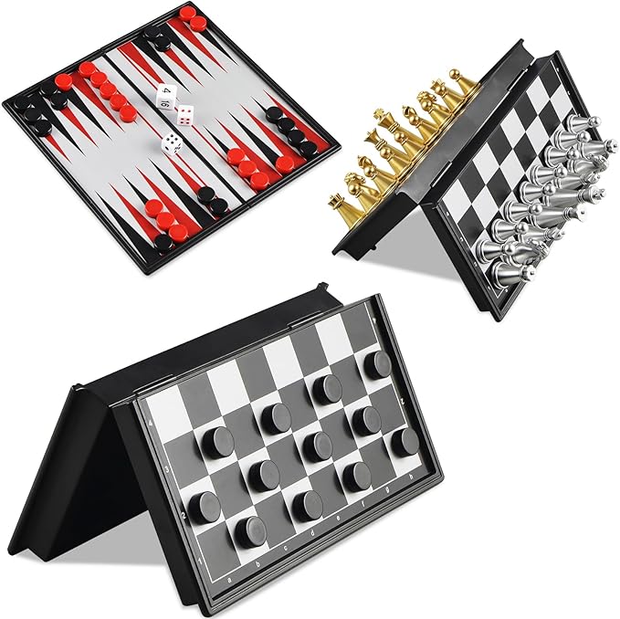 5'' Mini 3 in 1 Chess Checkers Backgammon Set Magnetic Folding Travel Chess Board with Instructions 2 Players for Kids and Adults