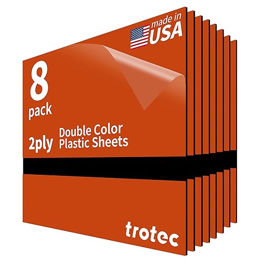 Trotec TroLase | 12"x12"x1/16", 8 Pcs | Orange/Black | 2 Ply | Modified Acrylic | Laser Engraving Double Color Plastic Sheet | Engraving Blanks for Laser, Saw, Guillotine | Made in USA