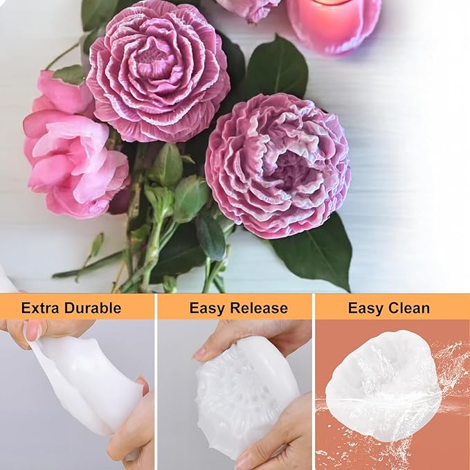 4pcs Large Flower Silicone Candle Molds,Reusable 3D Mold for Soap, Baking, Chocolate, Ice, Wax Resin Crafts, Rose Lotus Hibiscus Peony, Non-Stick, Easy Release Clean, DIY Gift for Bakers
