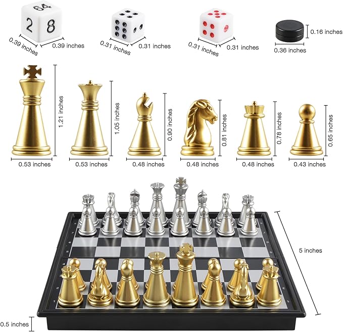 5'' Mini 3 in 1 Chess Checkers Backgammon Set Magnetic Folding Travel Chess Board with Instructions 2 Players for Kids and Adults