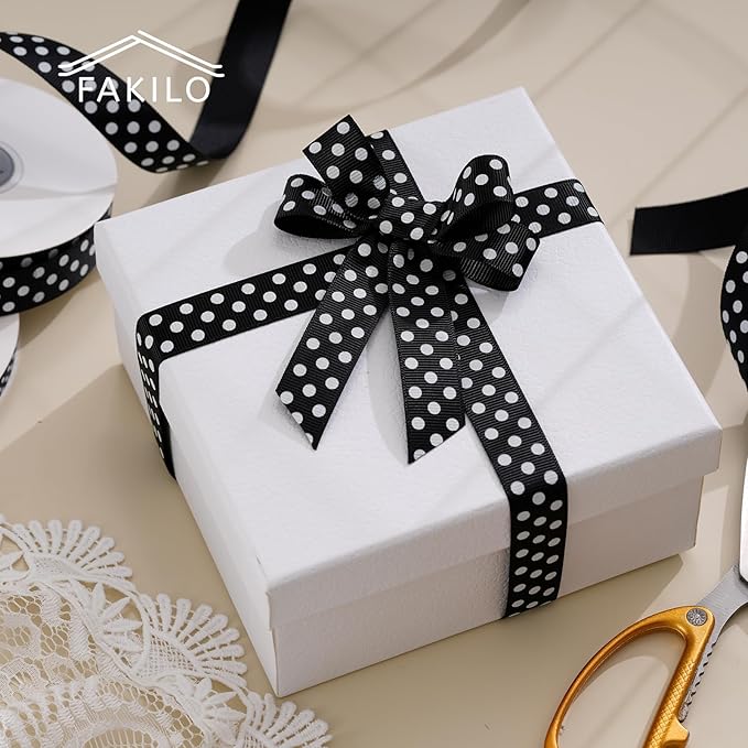 Polka Dot Grosgrain Ribbon 5/8 Inch, 25 Yards Spool Black and White Dot Craft Ribbon for Christmas Gift Wrapping DIY Crafts Hair Bows Wedding Party Decor Sewing and Home Decoration
