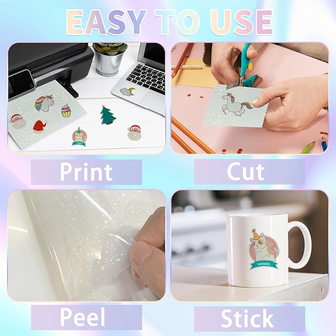 20 Sheets Holographic Sticker Paper,8.5x11 Inch Clear Printable Vinyl Sticker Papers,Self-Adhesive Waterproof for Inkjet/Laser Printer（Clear Five-Pointed Star）