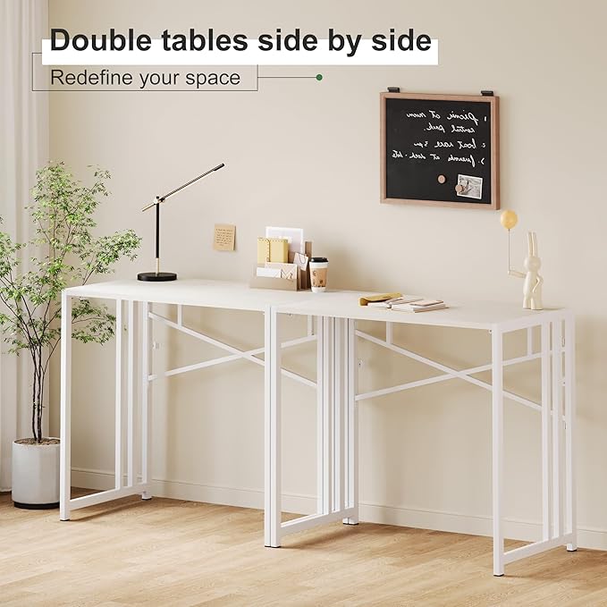 35 inch Small Folding Desk, Writing Gaming Computer Camping Desk for Small Spaces, No Assembly Required Home Office Table, Natural and White