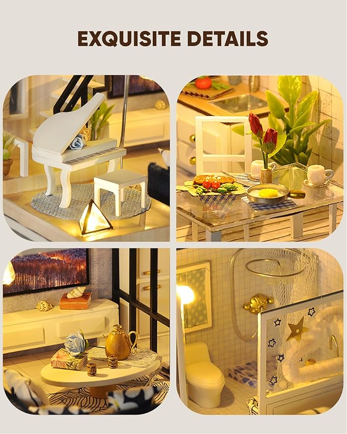 DIY Miniature House Kit, DIY Home Kit for Adults to Build, Modern Dollhouse Kit with Dust Proof & LED, Mayberry Street Miniatures, Ideal Gifts for Birthday,Valentine Christmas(Satisfied Apartment)