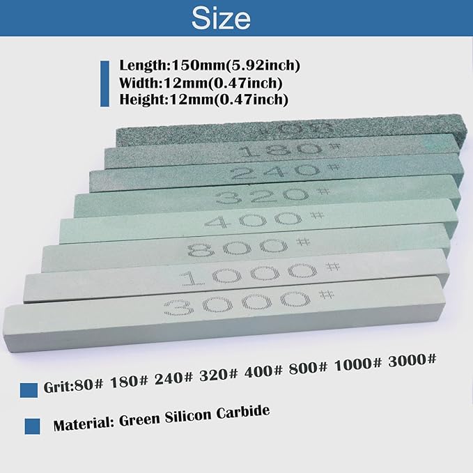 8 pcs Rectangular Shaped Sharpening Stone Sticks Set, 5.92inch Green Silicon Carbide Stones, Grit Sizes 80#-3000# for Models, Metal, & Knife Cutting Tools