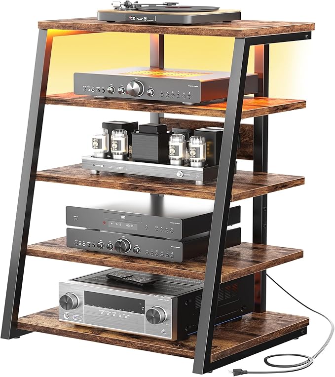 Armocity 5-Tier AV Media Stand with Power Strips, Media Console with LED Lights, Audio Tower Rack with Adjustable Shelves, Stereo Stands and Racks, 40.8'', Rustic Brown