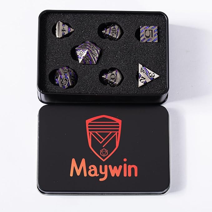 DND Metal Stripe Dice Set,7 PCS Polyhedral RPG Dice Set with Gift Case for Dungeons and Dragons (Antique Nickel Purple)