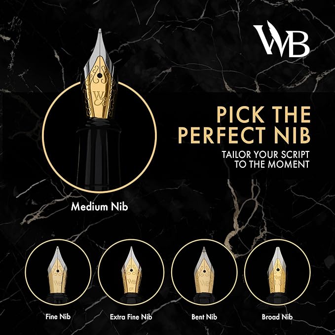 Wordsworth & Black Fountain Pen Set, 18K Gilded Broad Nib, Includes 6 Pack Ink Cartridges, Ink Refill Converter & Gift Box, Gold Finish, Calligraphy, [Silver Gold], Perfect for Men & Women