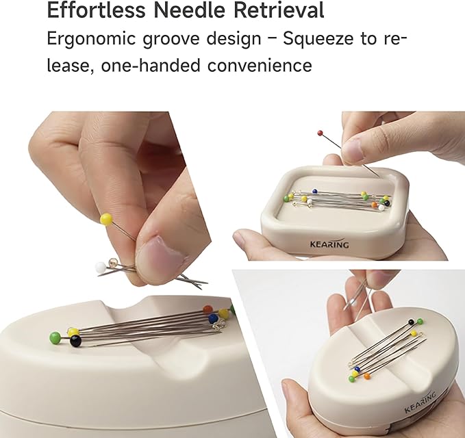 KEARING Magnetic Pin Cushion with Storage Drawer - Strong Magnet Pin Holder for Sewing - Beige Pincushion Caddy Organizer for Quilting Pins, Paper Clips, Screws - Sewing Accessories